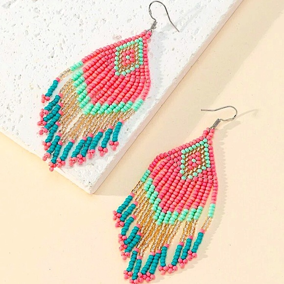 Handmade Bohemian Style Tassel Earrings with Glass Beads Dangle Earrings Vibrant - Picture 2 of 4